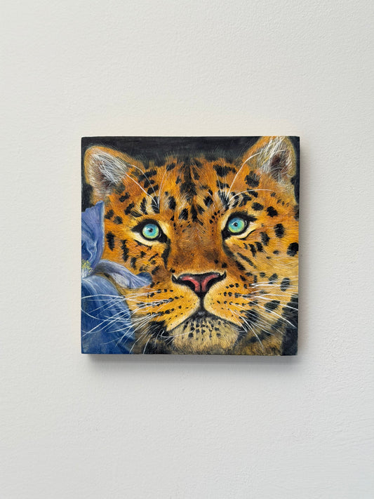 Original watercolor painting of a leopard with vivid blue eyes on a wood panel by Sophia Tong.