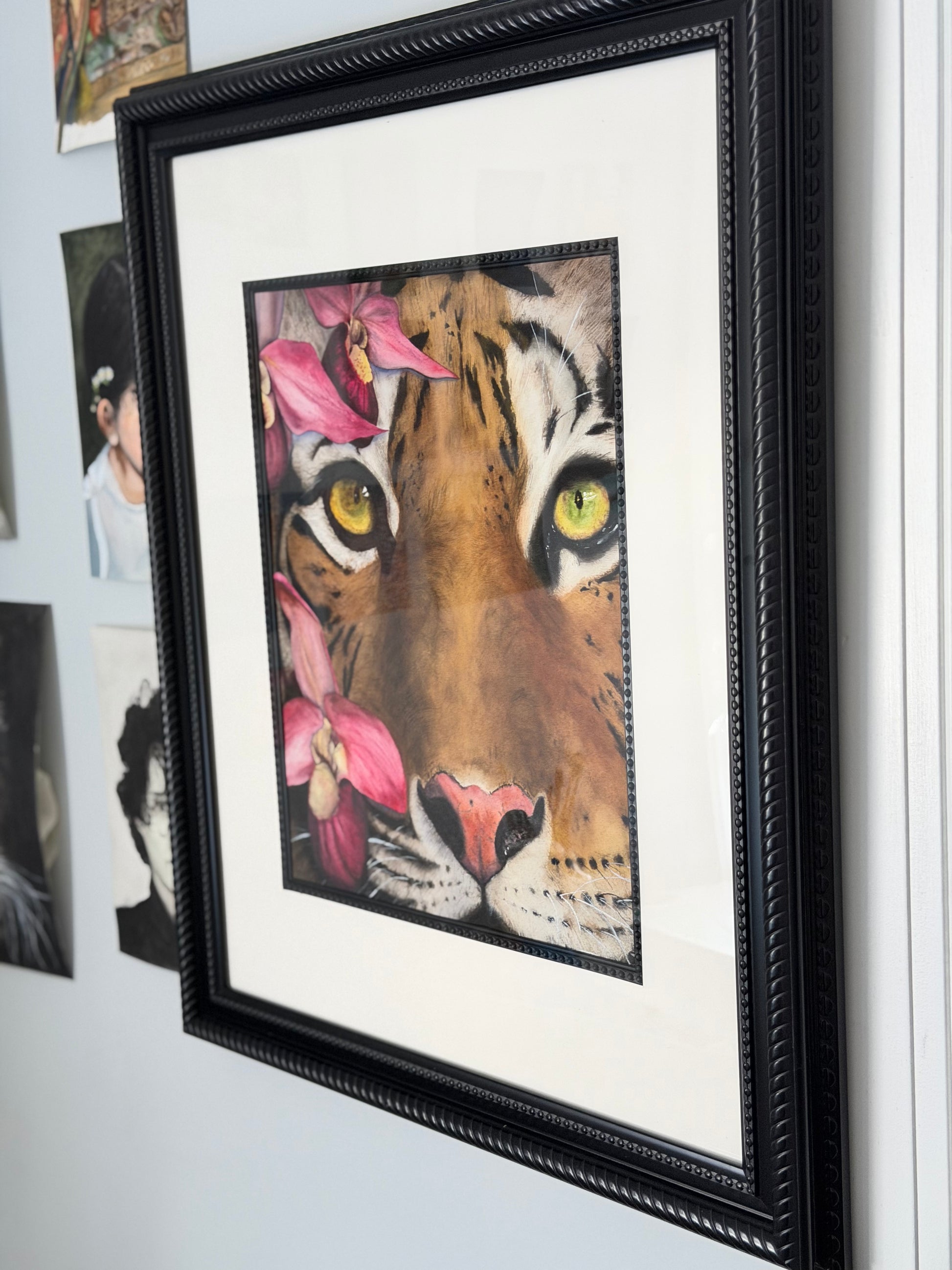 Framed original tiger watercolor painting side view