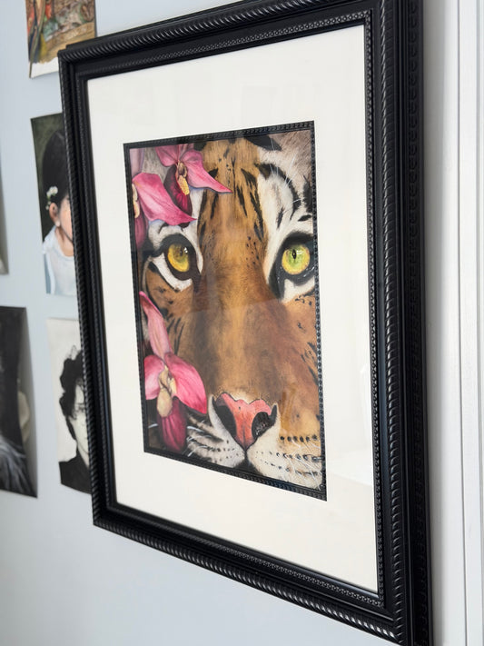 Framed original tiger watercolor painting side view